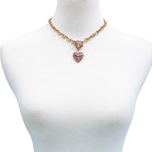 JUICY COUTURE PINK HEART PAVE Chain Link Necklace Pinkish-Gold 💞💎🎅🎀✨ - Picture 3 of 7